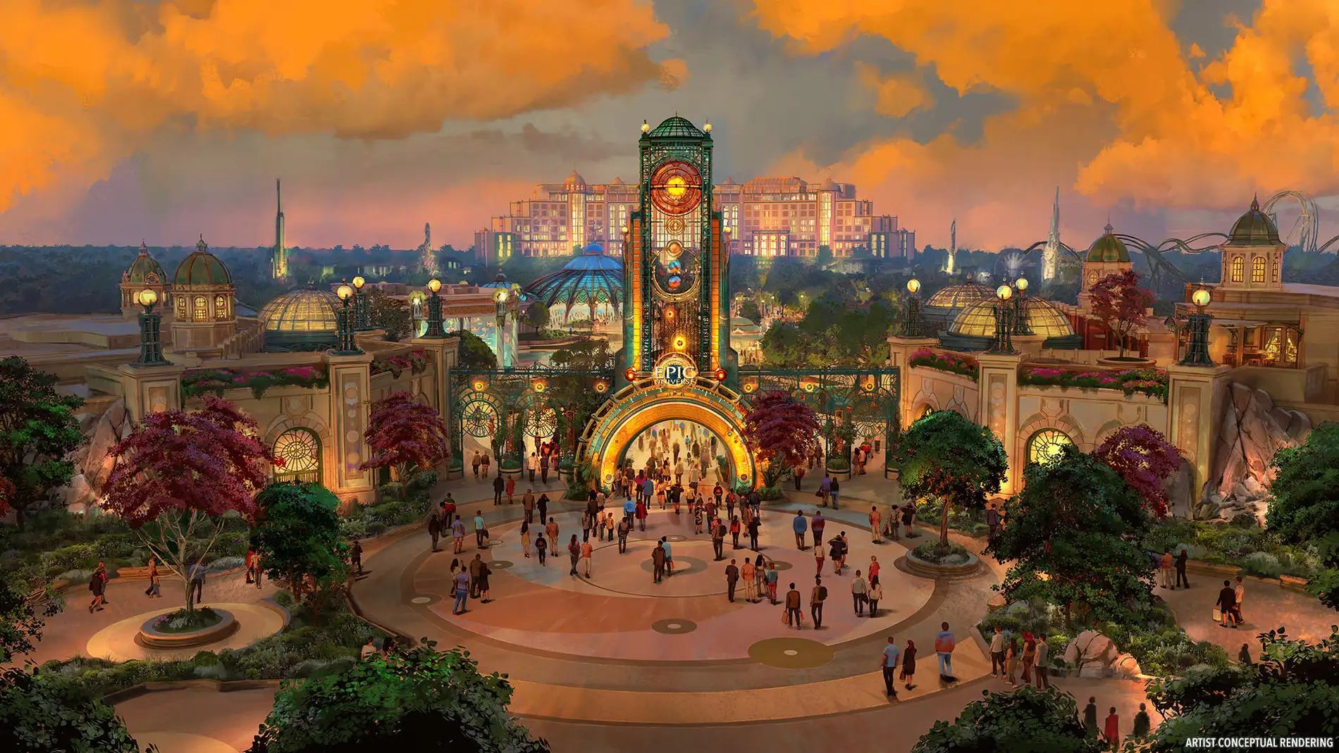 Boceto de la entrada principal del nuevo parque temático Universal Epic Universe