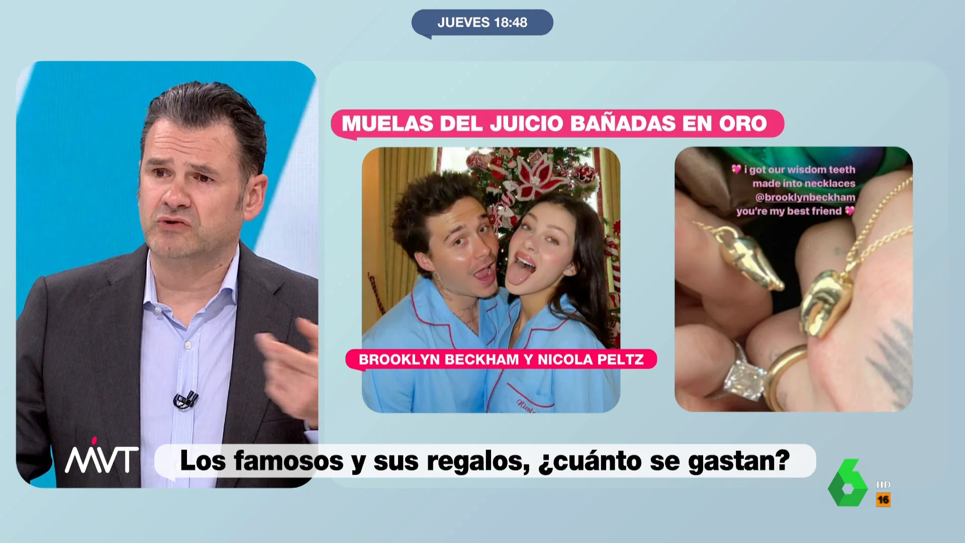 Scarlett Johansson cuando estaba con Ryan Reynolds y Brooklyn Beckham con su mujer Nicola Peltz. Las dos parejas se hicieron un curioso regalo: las muelas del juicio bañadas en oro. La reacción de Iñaki López, en este vídeo.