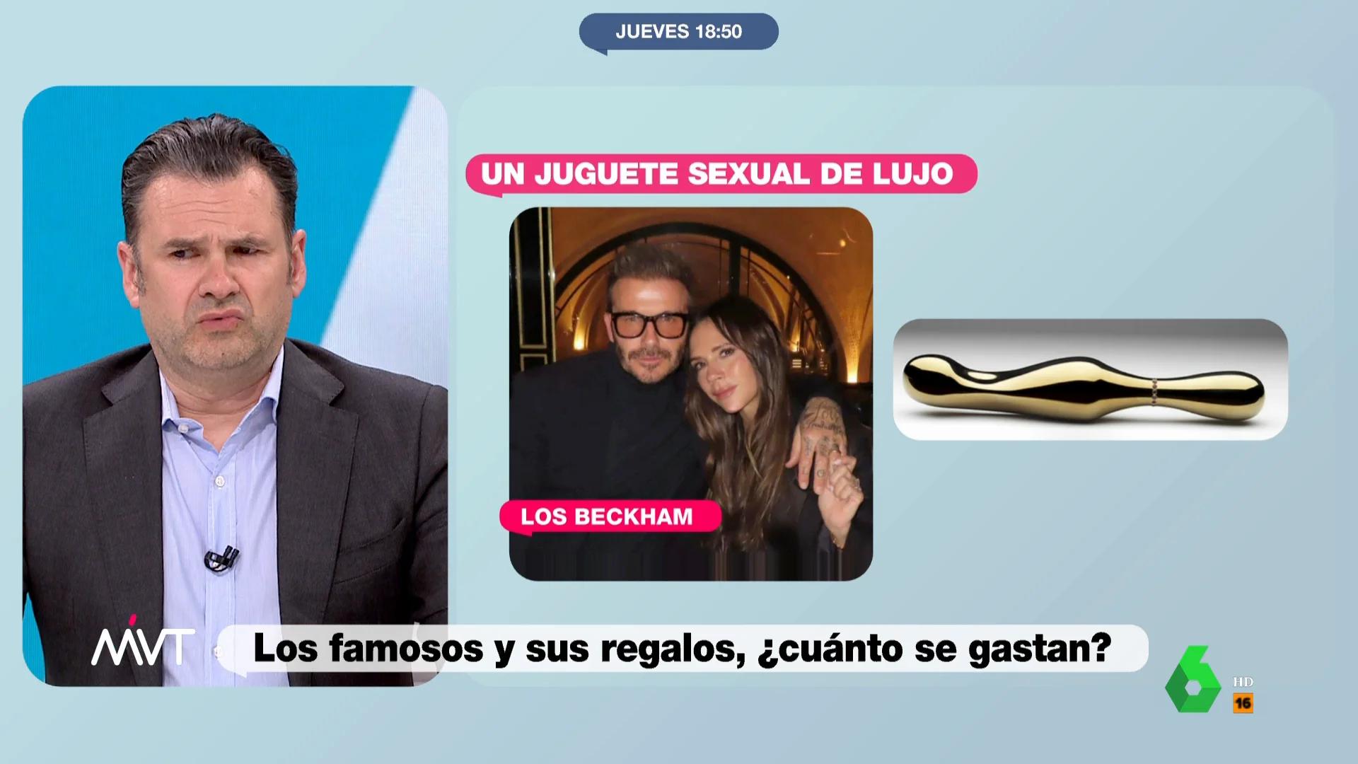 "¿Eso por dónde se agarra?", pregunta Iñaki López sobre el vibrador de casi dos millones de dólares que Beckham regaló a Victoria. "Iñaki ha vuelto al siglo XIX, cuando empiece la sección de nutrición vuelve al XXI", le responde Cristina Pardo.