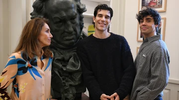The singer Ana Belén and the film directors and screenwriters Javier Calvo and Javier Ambrossi pose after an interview for Europa Press, at the headquarters of the Film Academy.