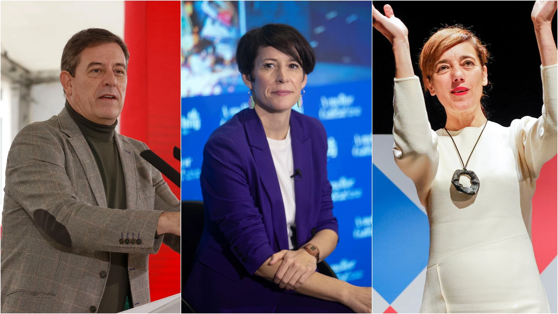 Los candidatos a las elecciones gallegas: Besteiro (PSOE), Pontón (BNG) y Lois (Sumar)