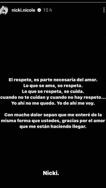 Historia de Nicki Nicole en Instagram anunciando su ruptura con Peso Pluma