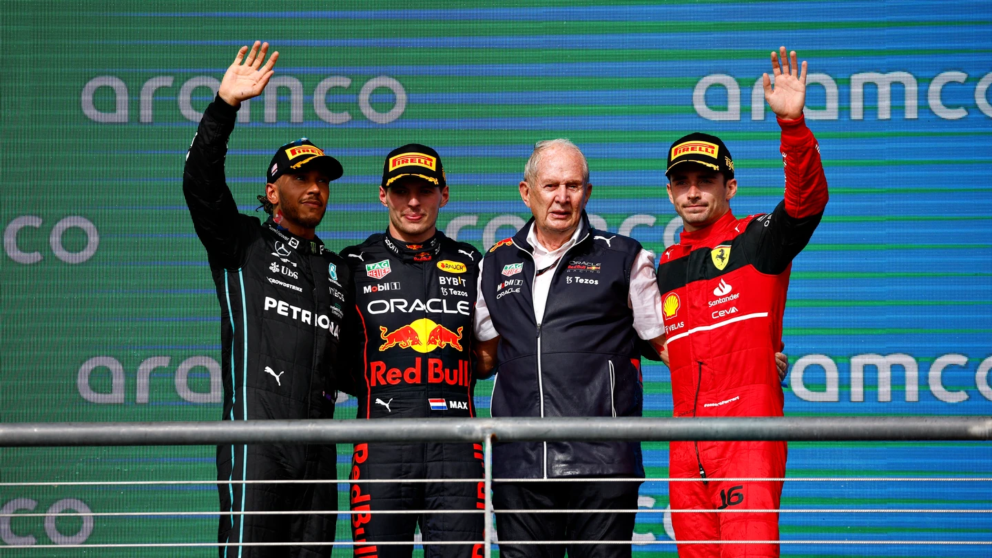 Hamilton, Verstappen, Helmut Marko y Charles Leclerc Hamilton, Verstappen, Helmut Marko y Charles Leclerc