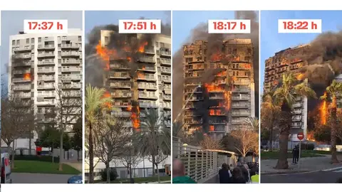 Collage de cómo ardió el edificio en Valencia en tan solo 45 minutos 