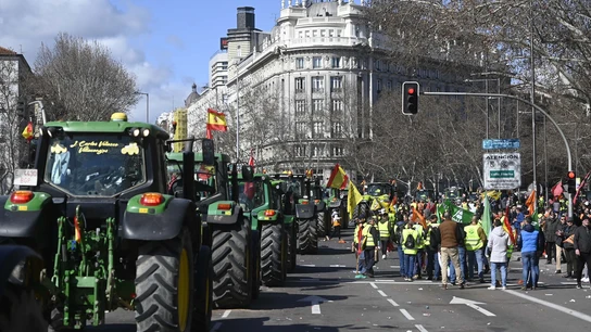Una columna de tractores llega a la concentración de agricultores en el Ministerio de Agricultura, a 26 de febrero de 2024, en Madrid (España). Una columna de tractores llega a la concentración de agricultores en el Ministerio de Agricultura, a 26 de febrero de 2024, en Madrid (España).