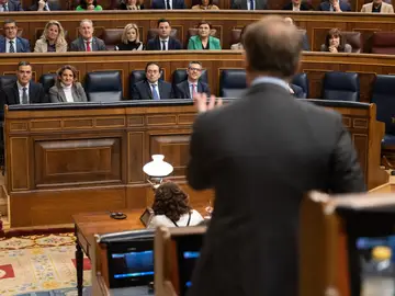 El líder del PP, Alberto Núñez Feijóo, interviene durante la sesión de control al Gobierno tras el estallido del &#39;caso Koldo&#39; 