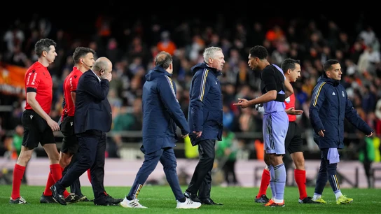 Carlo Ancelotti y Jude Bellingham, protestando ante Gil Manzano Carlo Ancelotti y Jude Bellingham, protestando ante Gil Manzano