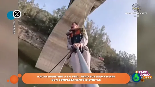 La noche y el día: las opuestas reacciones de una pareja al practicar puenting a la vez La noche y el día: las opuestas reacciones de una pareja al practicar puenting a la vez