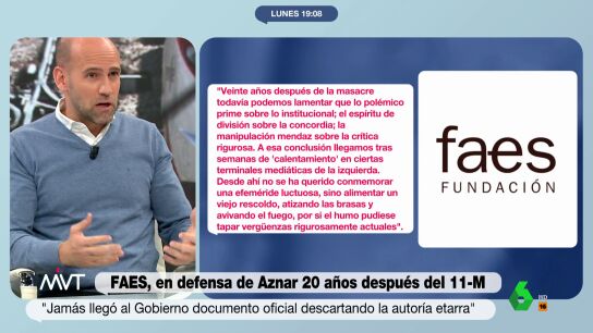 M&aacute;s Vale Tarde analiza el comunicado de FAES con motivo del 20 aniversario del 11M en el que sale en defensa de la gesti&oacute;n de Jos&eacute; Mar&iacute;a Aznar. La opini&oacute;n de Gonzalo Mir&oacute; y Cristina Pardo, entre otros, en este v&iacute;deo.
