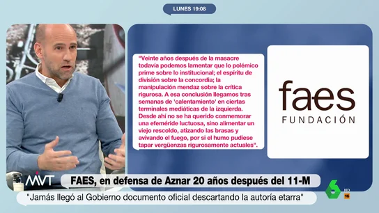 Gonzalo Miró, tajante sobre FAES y el 11M Más Vale Tarde analiza el comunicado de FAES con motivo del 20 aniversario del 11M en el que sale en defensa de la gestión de José María Aznar. La opinión de Gonzalo Miró y Cristina Pardo, entre otros, en este vídeo.
