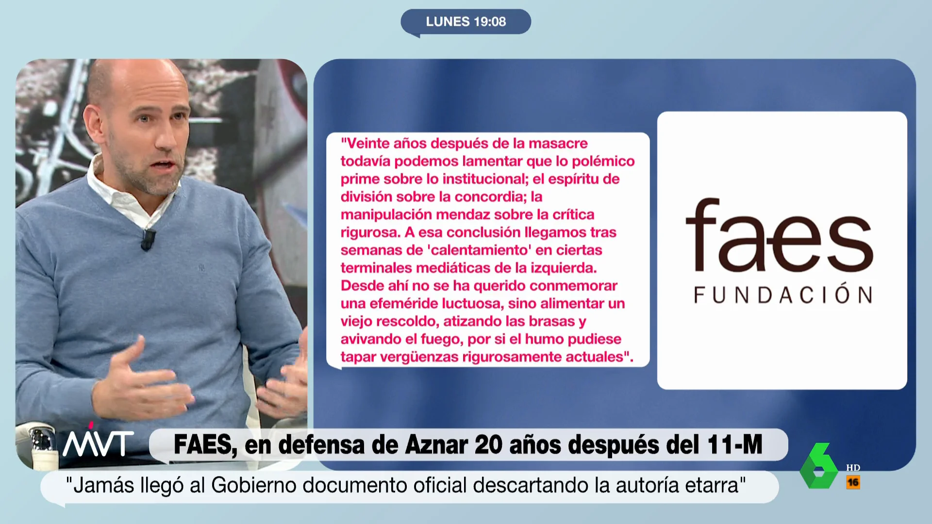 Más Vale Tarde analiza el comunicado de FAES con motivo del 20 aniversario del 11M en el que sale en defensa de la gestión de José María Aznar. La opinión de Gonzalo Miró y Cristina Pardo, entre otros, en este vídeo.