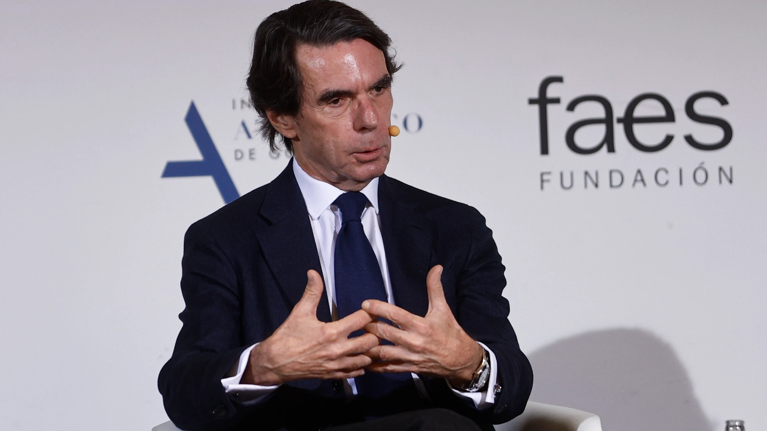 El expresidente del Gobierno José María Aznar, durante un acto de FAES