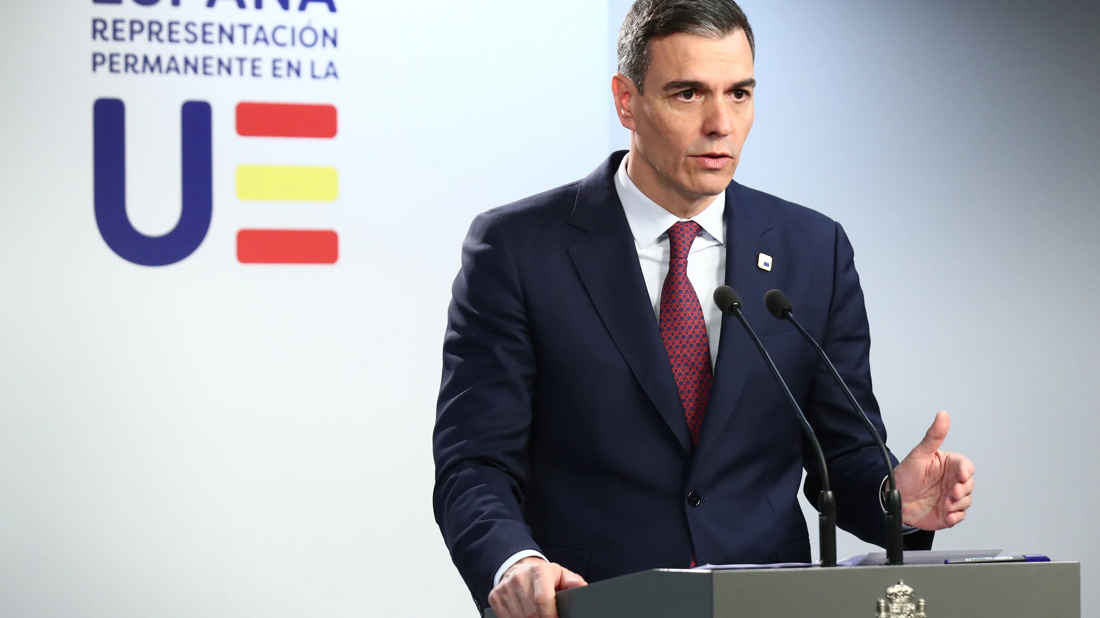 El presidente del Gobierno, Pedro Sánchez, en rueda de prensa en Bruselas al término del Consejo Europeo