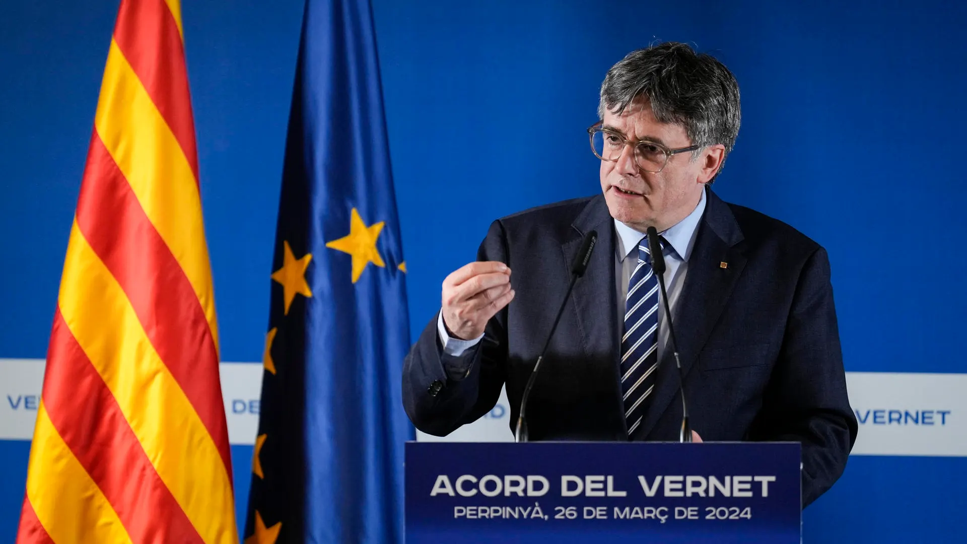 El expresidente de la Generalitat Carles Puigdemont interviene en Perpinyà (Francia).