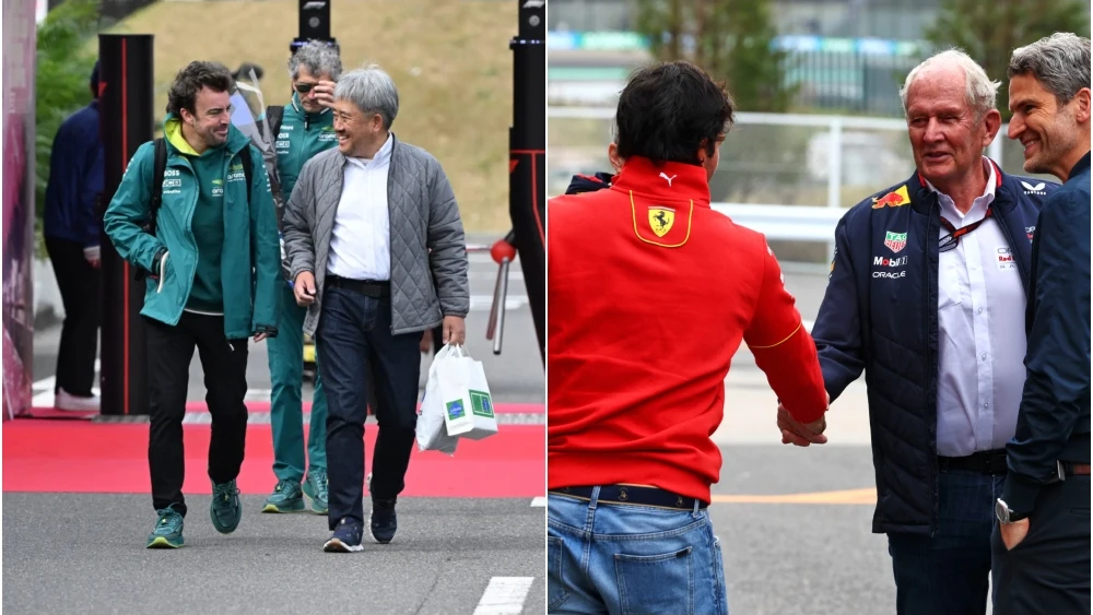 Fernando Alonso con Masashi Yamamoto; Carlos Sainz y Helmut Marko