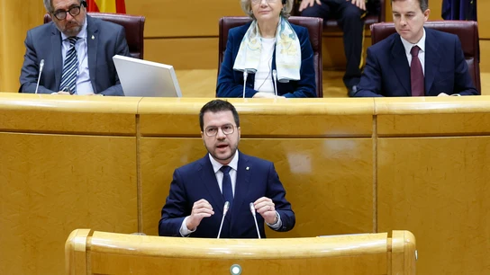 El presidente de la Generalitat, Pere Aragonès, interviene en la sesión de la Comisión General de Comunidades Autónomas en el Senado en la que se debatirá la ley de amnistía. El presidente de la Generalitat, Pere Aragonès, interviene en la sesión de la Comisión General de Comunidades Autónomas en el Senado en la que se debatirá la ley de amnistía.