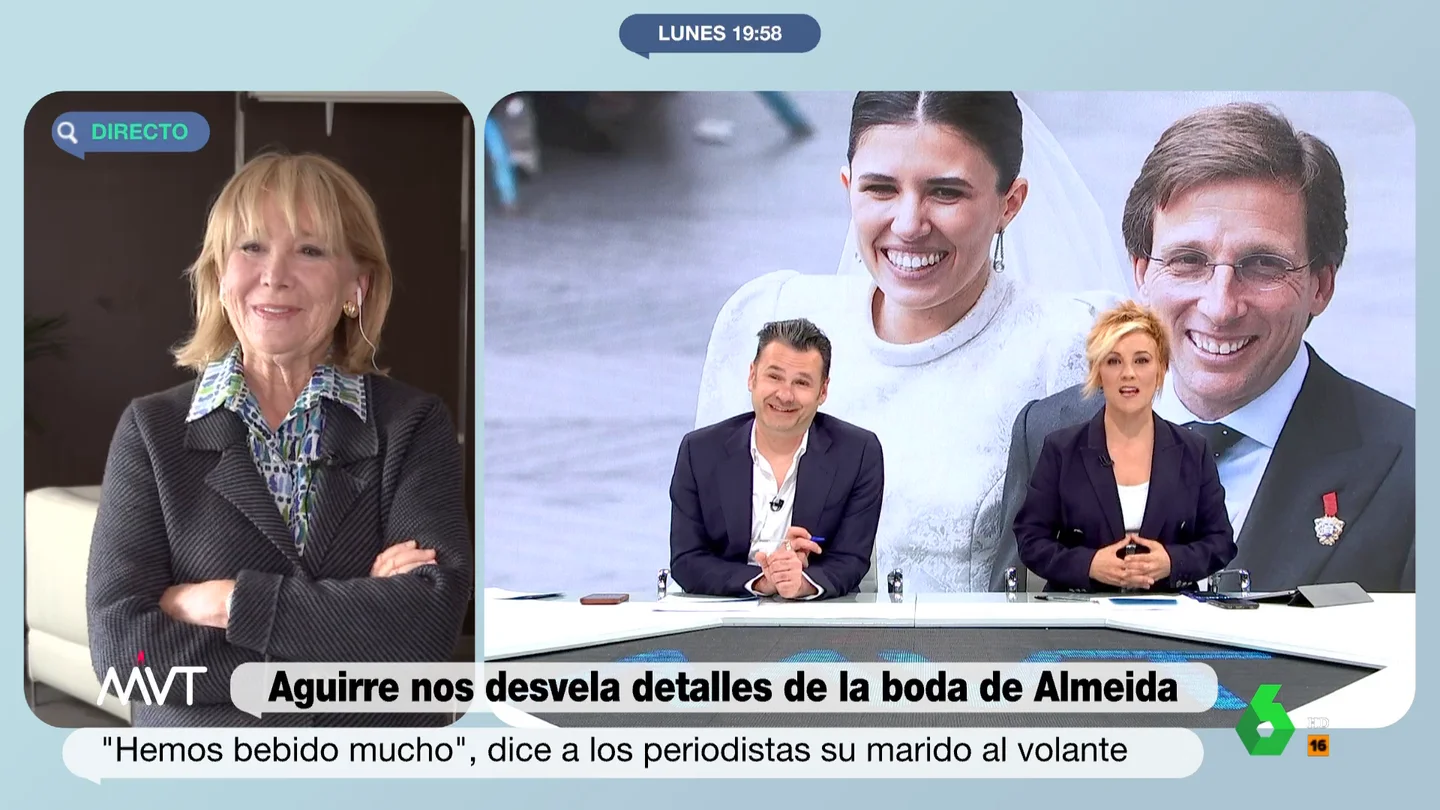 Esperanza Aguirre aclara que su marido no bebió en la boda de Almeida: "No sé si llegaremos a las bodas de oro" Esperanza Aguirre aclara que su marido no bebió en la boda de Almeida: "No sé si llegaremos a las bodas de oro"
