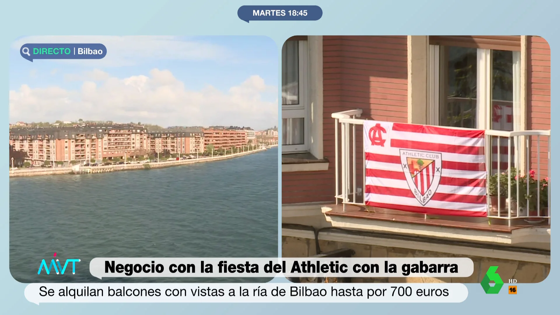 Más Vale Tarde recrea en este vídeo el recorrido de la gabarra del Athletic Club para celebrar su triunfo en la Copa del Rey por la ría de Bilbao y muestra las ofertas de balcones particulares para ver este momento, desde la más barata a la más cara.