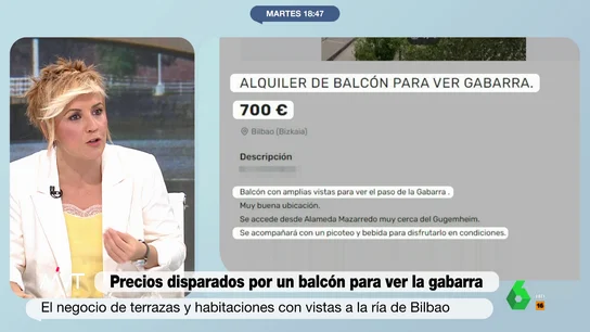 Cristina Pardo, sobre los precios de los balcones para ver la gabarra "Yo por ese precio me voy a Martín Berasategui, porque me parece loquísimo", afirma Cristina Pardo en este vídeo al ver que ya hay gente que alquila sus balcones con vistas a la ría de Bilbao por la que pasará la gabarra del Athletic a 700 euros.