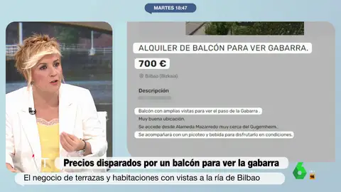 "Yo por ese precio me voy a Martín Berasategui, porque me parece loquísimo", afirma Cristina Pardo en este vídeo al ver que ya hay gente que alquila sus balcones con vistas a la ría de Bilbao por la que pasará la gabarra del Athletic a 700 euros.