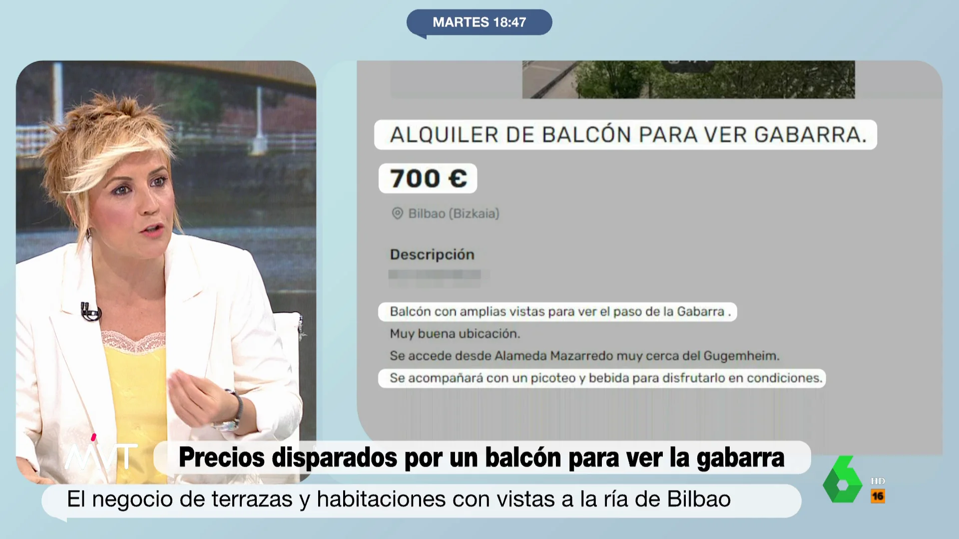 "Yo por ese precio me voy a Martín Berasategui, porque me parece loquísimo", afirma Cristina Pardo en este vídeo al ver que ya hay gente que alquila sus balcones con vistas a la ría de Bilbao por la que pasará la gabarra del Athletic a 700 euros.