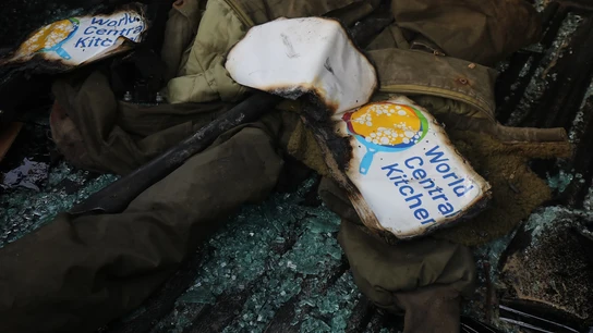 Imagen de archivo de un vehículo dañado de la ONG World Central Kitchen (WCK). Imagen de archivo de un vehículo dañado de la ONG World Central Kitchen (WCK).