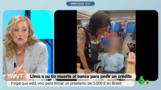 Elisa Beni, sobre la mujer que llevó un cadáver al banco para que firmara un crédito Más Vale Tarde analiza un caso increíble en Brasil, el de una mujer que ha llevado un cadáver al banco para que firmara un préstamo de 3.000 euros. "Lo impresionante es que creyera que se la iba a colar a alguien", comenta Bea de Vicente.