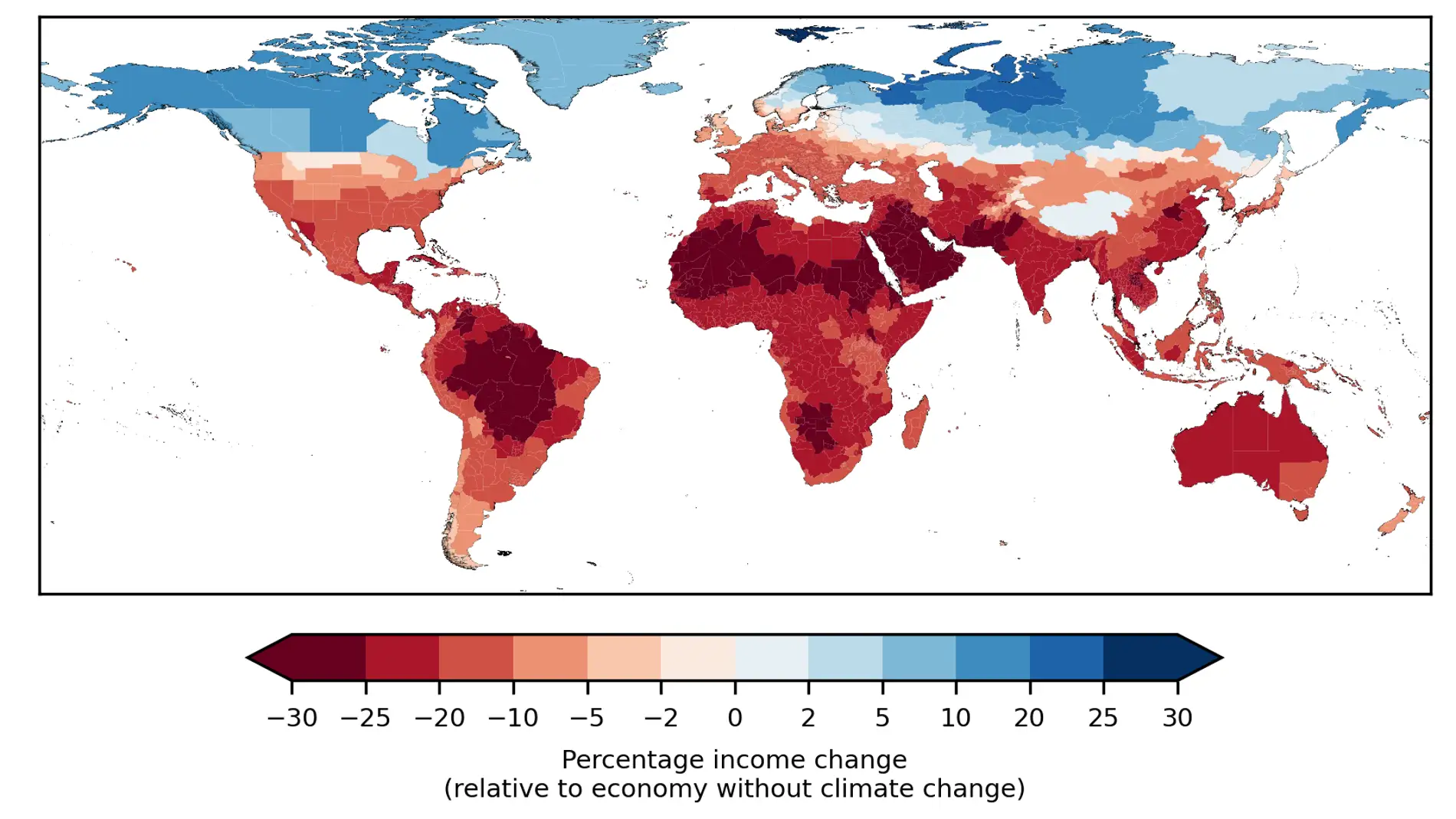 Infografía de los cambios previstos de la renta en 2049 en comparación con una economía sin cambio climático