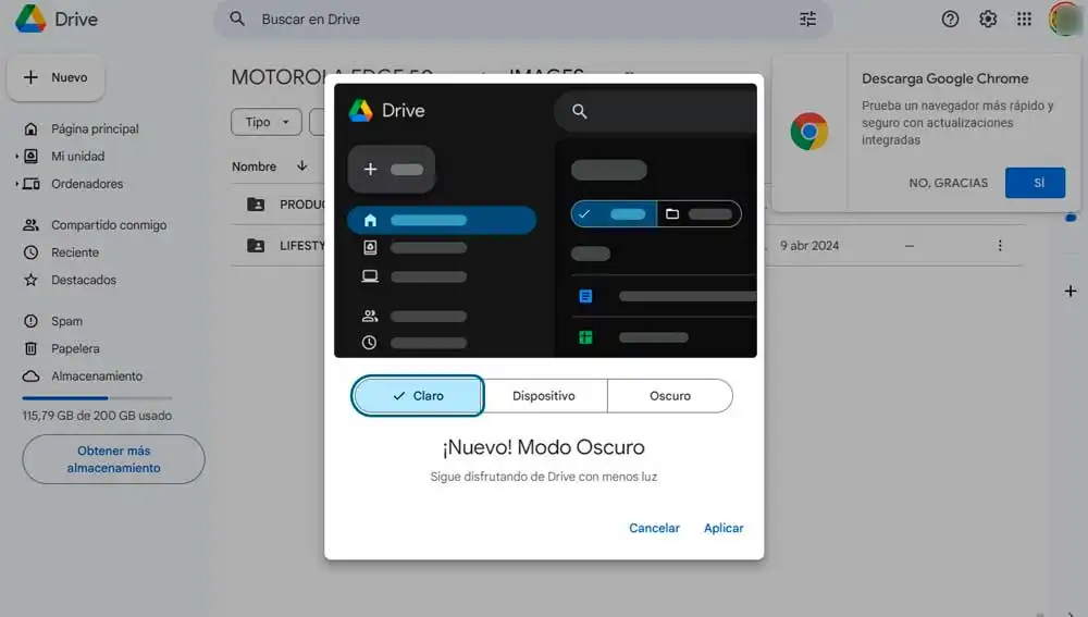 Activando el modo oscuro en Google Drive para escritorio Activando el modo oscuro en Google Drive para escritorio