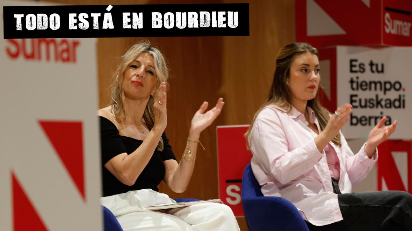 La l&iacute;der de Sumar, Yolanda D&iacute;az, y la candidata a lehendakari, Alba Garc&iacute;a, en un mitin el pasado 13 de abril