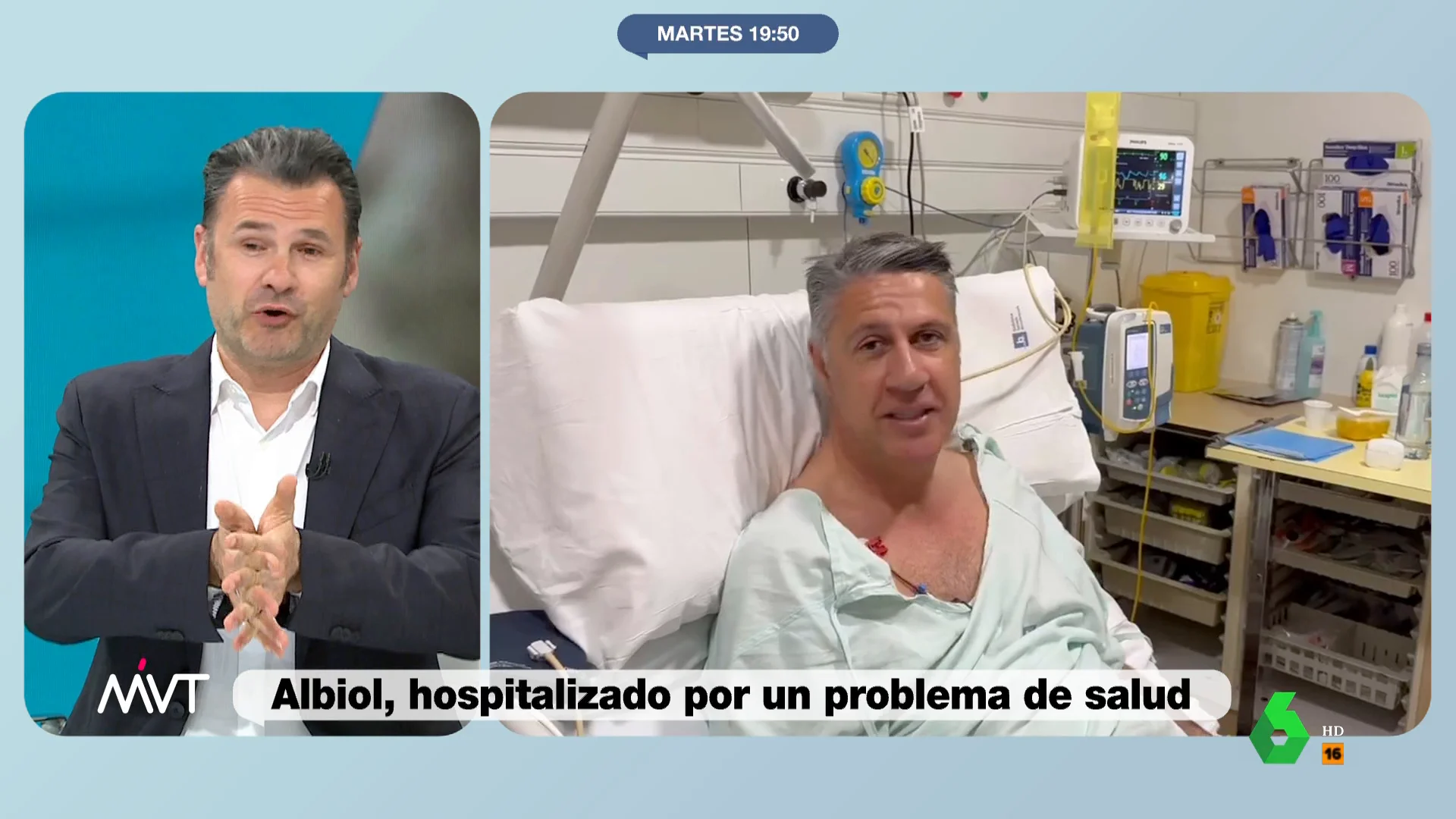 Xavier García Albiol explicaba en una entrevista desde la cama de hospital que le habían ingresado por una arritmia, por lo que Iñaki López le 'agradece' en este vídeo "que no se ponga de pie, ya sabemos lo traicioneras que son las batas de hospital".