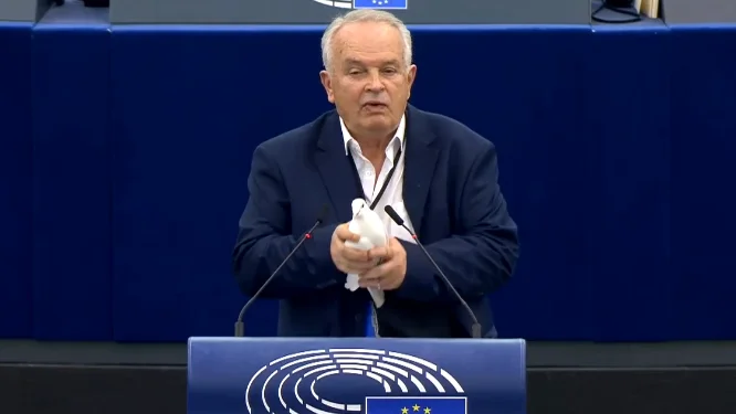 Un eurodiputado de extrema derecha suelta una paloma viva en pleno hemiciclo para pedir la paz en Europa Un eurodiputado de extrema derecha suelta una paloma viva en pleno hemiciclo para pedir la paz en Europa