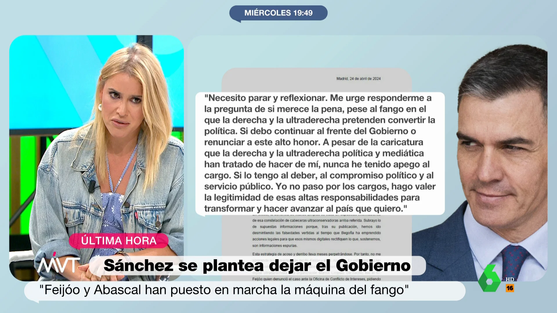 "Esto es el verdadero 'lawfare', políticos intentando utilizar a los jueces", comenta Afra Blanco en este vídeo donde valora, visiblemente enfadada, la carta de Pedro Sánchez a la ciudadanía y la denuncia contra su mujer, Begoña Gómez.