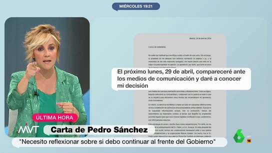 Cristina Pardo reacciona a la carta de Pedro Sánchez Más Vale Tarde analiza la carta de Pedro Sánchez en la que no cierra la puerta a dejar la Presidencia del Gobierno tras la denuncia de 'Manos Limpias' contra su mujer. Las reflexiones de Iñaki López, Cristina Pardo o Afra Blanco, en este vídeo.