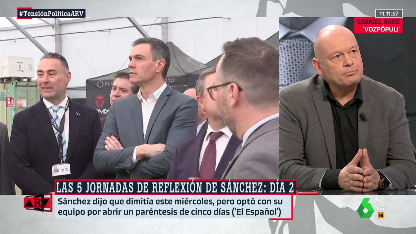 ARV - El pronóstico de Gabriel Sanz: "No tengo claro que Pedro Sánchez se vaya a quedar, tiene mala salida porque se ha puesto el listón muy alto" ARV - El pronóstico de Gabriel Sanz: "No tengo claro que Pedro Sánchez se vaya a quedar, tiene mala salida porque se ha puesto el listón muy alto"