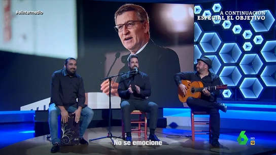 La rumba flamenca de El Intermedio a Feijóo tras la decisión de Pedro Sánchez "Aunque digas que no quieres tú, son ilusiones, toca esperar las elecciones, no leas el CIS, que sube el progre", suena la rumba flamenca con la que El Intermedio analiza en forma de musical la reacción de Feijóo al anuncio de Pedro Sánchez.