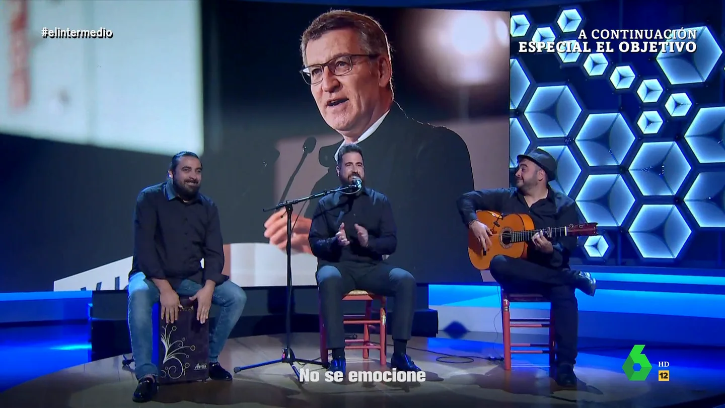 La rumba flamenca de El Intermedio a Feijóo tras la decisión de Pedro Sánchez "Aunque digas que no quieres tú, son ilusiones, toca esperar las elecciones, no leas el CIS, que sube el progre", suena la rumba flamenca con la que El Intermedio analiza en forma de musical la reacción de Feijóo al anuncio de Pedro Sánchez.