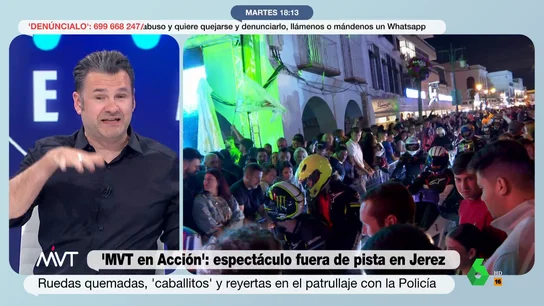 Iñaki López, al ver a la Policía parar una moto sin matrícula: "Hay que ser cuñao para no tener ni un punto y discutir con el agente" "En esta fiesta se juntan más 200.000 personas y es inevitable que haya chorras, pero es una fiesta bonita", comenta Iñaki López en este vídeo donde analizan la patrulla de MVT con la Policía durante el GP de motociclismo en Jerez.