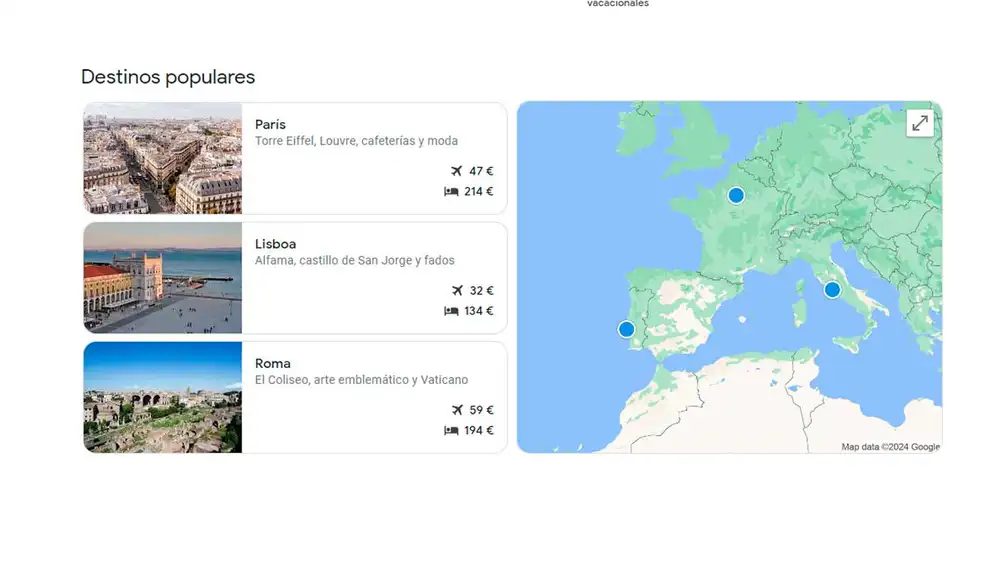 Destinos populares en Google Viajes