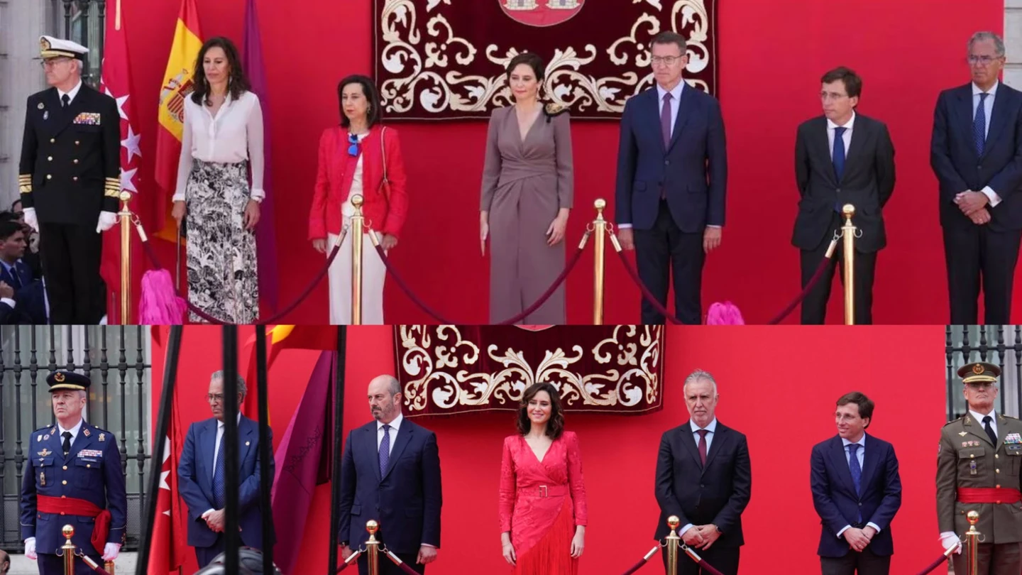 Mismo escenario, dos imágenes: desfile del 2 de mayo de 2024 (abajo) y 2023 (arriba). Mismo escenario, dos imágenes: desfile del 2 de mayo de 2024 (abajo) y 2023 (arriba).