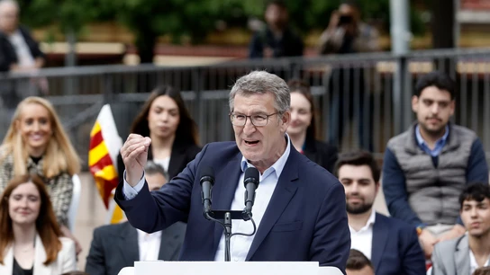 El presidente del PP, Alberto Núñez Feijóo, durante el mitin de campaña en el barrio de Sant Ildefons de Cornellà de Llobregat El presidente del PP, Alberto Núñez Feijóo, durante el mitin de campaña en el barrio de Sant Ildefons de Cornellà de Llobregat