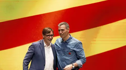 El presidente del Gobierno, Pedro Sánchez (d) y el candidato socialista a la presidencia de la Generalitat, Salvador Illa/ EFE/ Andreu Dalmau