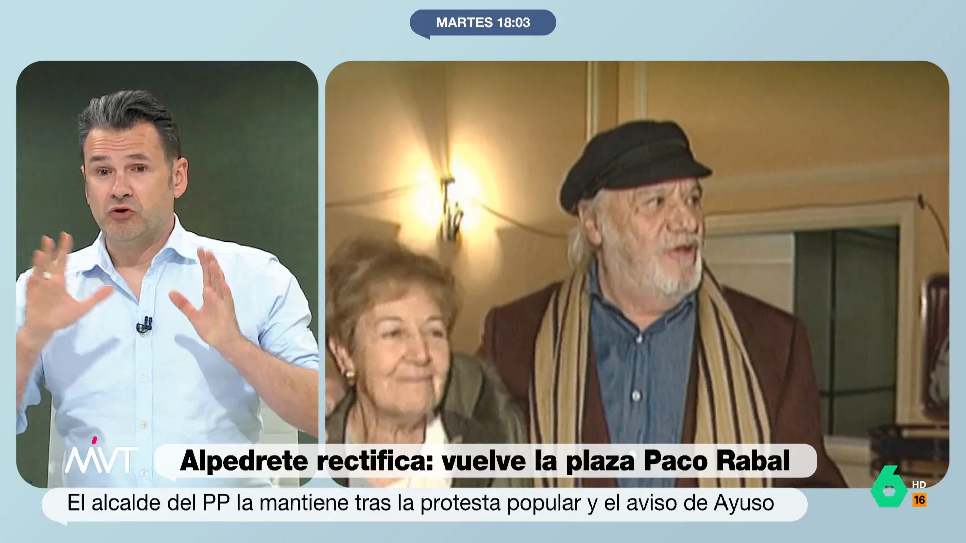 "Ayuso dice que las vacas vuelan y Almeida y el alcalde de Alpedrete dicen que han visto una en el balcón", ironiza Benjamín Prado sobre la decisión de recuperar las placas de Paco Rabal y Asunción Balaguer tras el toque de atención de Ayuso.