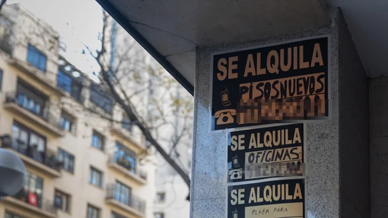 Carteles de 'Se alquila' pegados en un edificio Carteles de 'Se alquila' pegados en un edificio