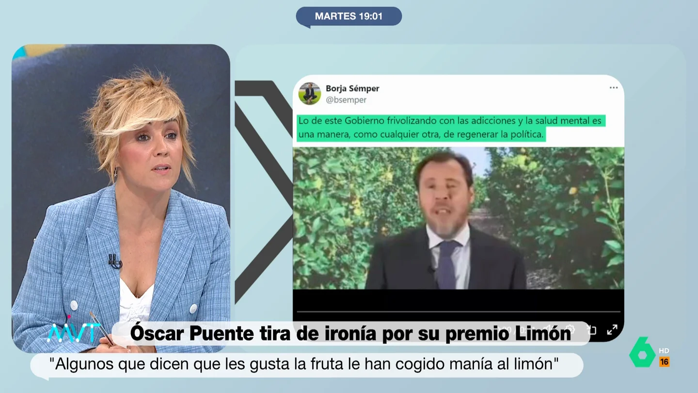 Cristina Pardo explica qué quería decir Óscar Puente al hablar de "locura de futas" con referencia a Ayuso Más Vale Tarde analiza en este vídeo el irónico discurso de Óscar Puente por su premio 'Limón' en el que hizo alusiones al consumo de alcohol de un asesor del PP y habló de la macedonia como "locura de frutas" en alusión a Isabel Díaz Ayuso.