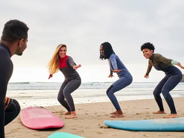 Un grupo de amigos practicando surf Un grupo de amigos practicando surf