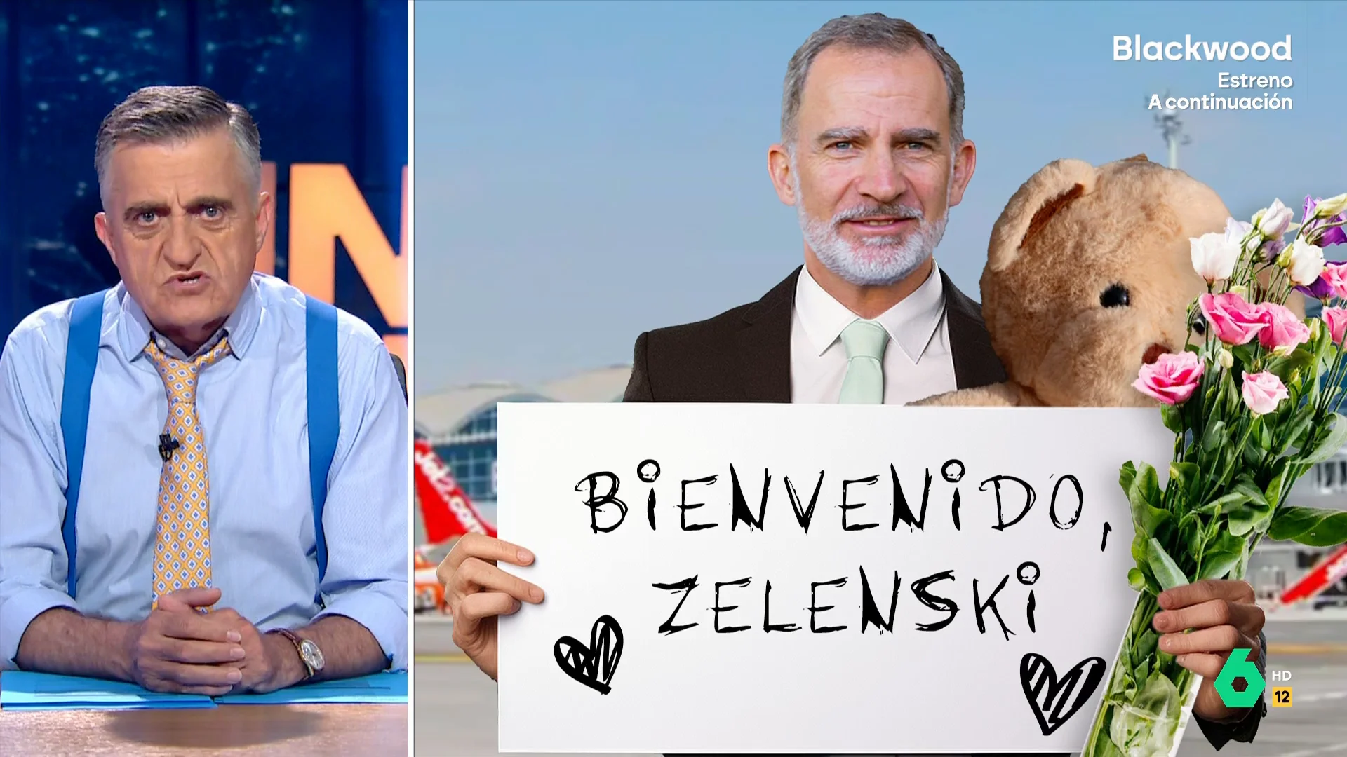 Wyoming y Sandra Sabatés analizan la visita de Volodímir Zelenski a España para final un acuerdo de ayuda militar y, en este vídeo, comentan el recibimiento a pie de pista del rey Felipe VI, un gesto poco habitual para mostrar el apoyo a Ucrania.