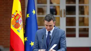 El presidente del Gobierno, Pedro Sánchez, durante una declaración institucional en el Palacio de La Moncloa