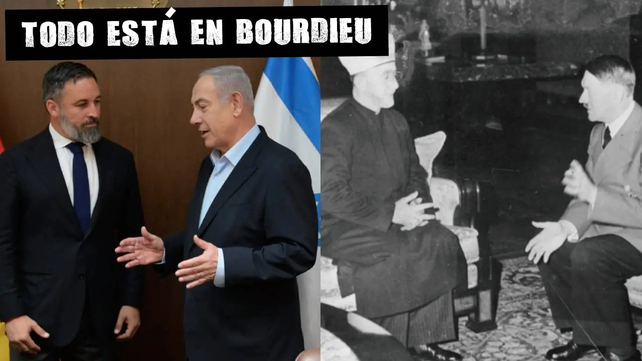 Santiago Abascal, junto a Benjamin Netanyahu (izda.); Adolf Hitler junto a Mohamed Amín al Huseini (dcha.).