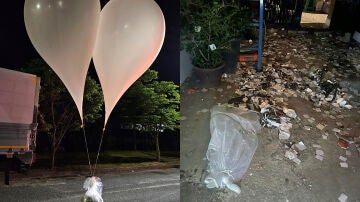 Globos con basura y desperdicios enviados por Corea del Norte, en sendas fotos publicadas por el Gobierno surcoreano
